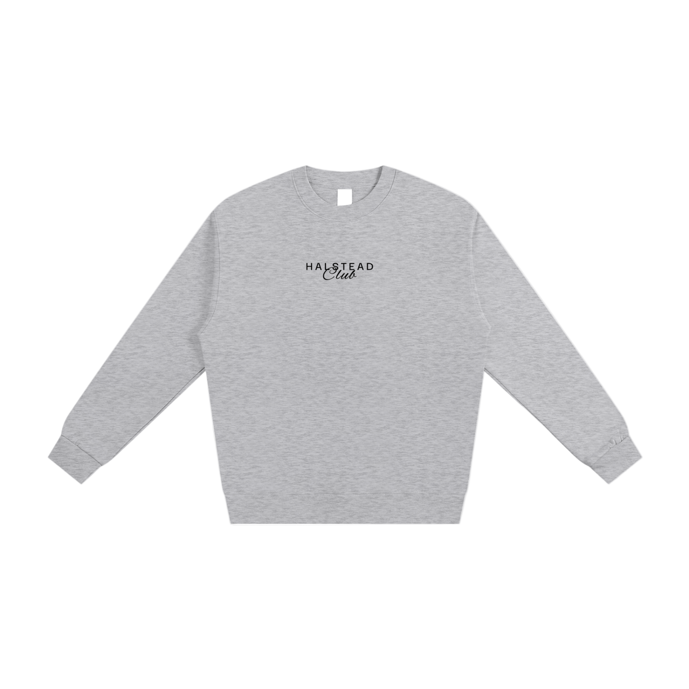 Gray sweatshirt with 'Halstead Club' text on a white background