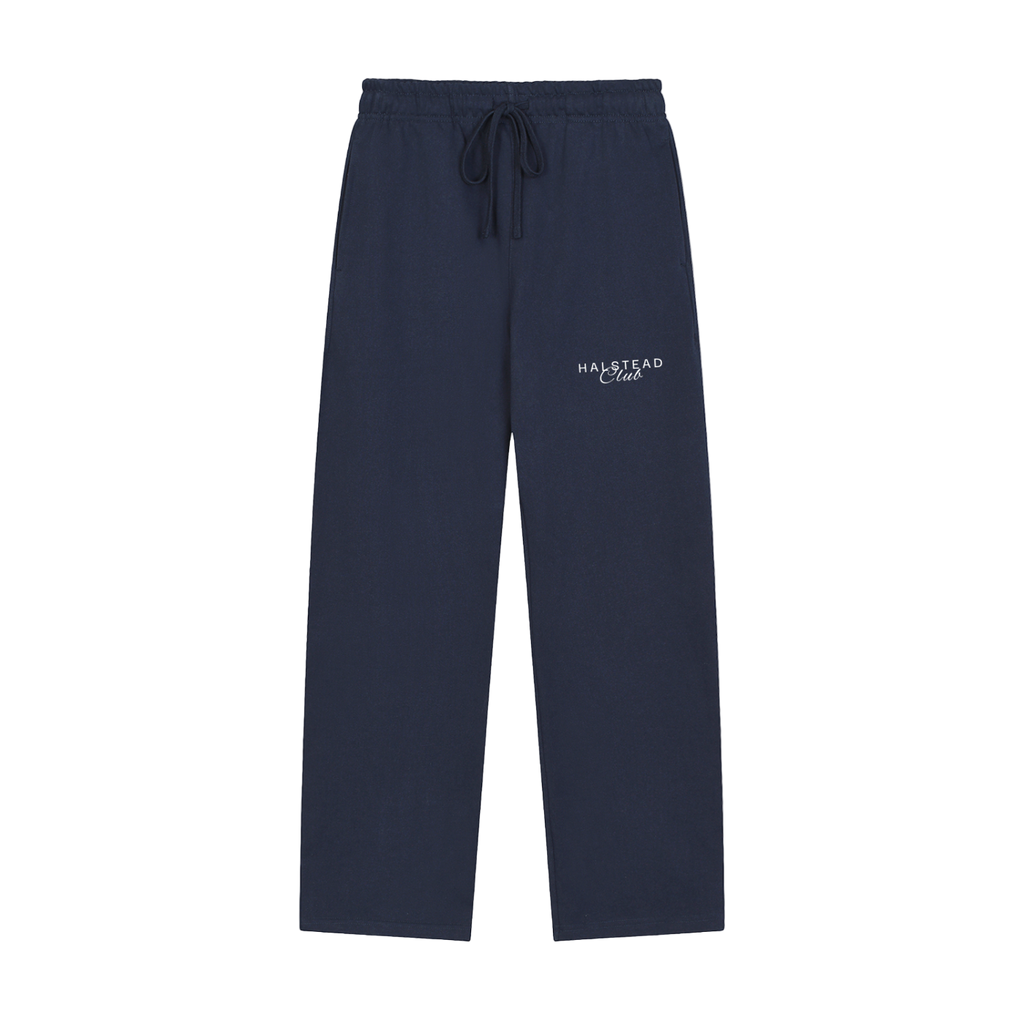 Navy sweatpants with a logo on a white background
