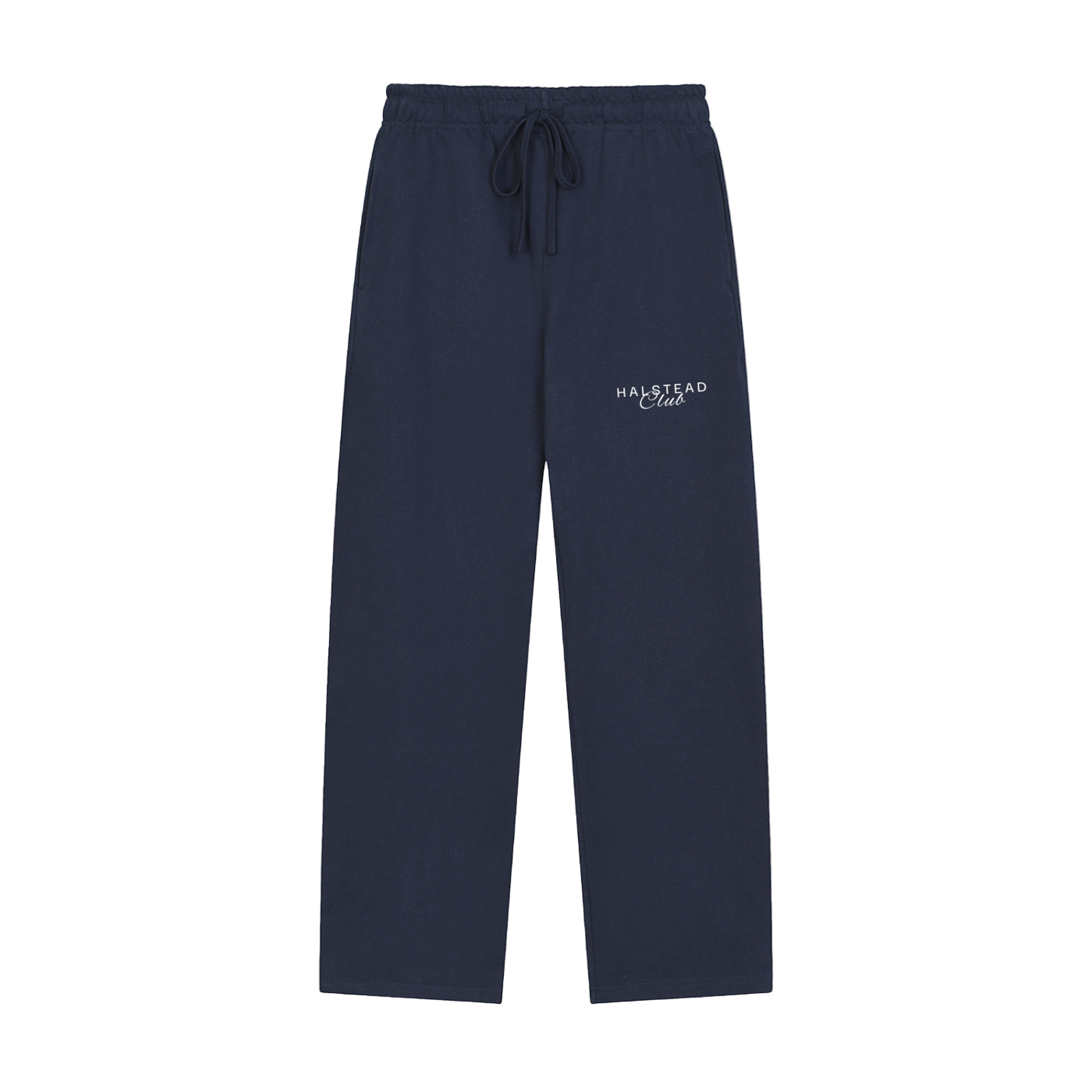 Navy sweatpants with a logo on a white background
