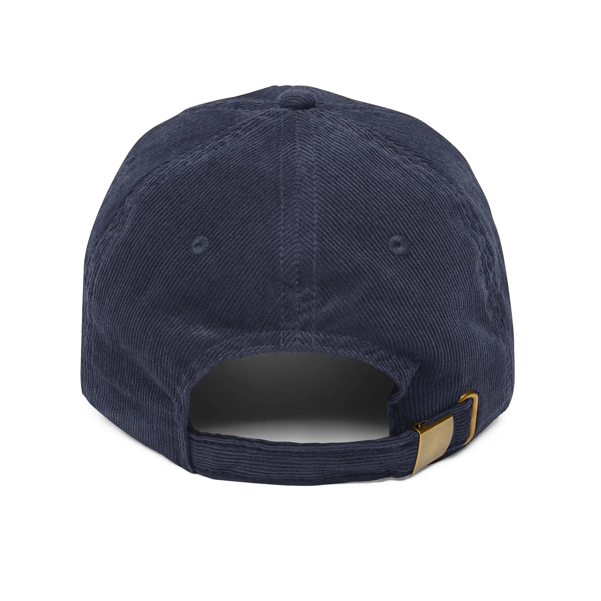 Navy blue cap with a gold buckle on a white background