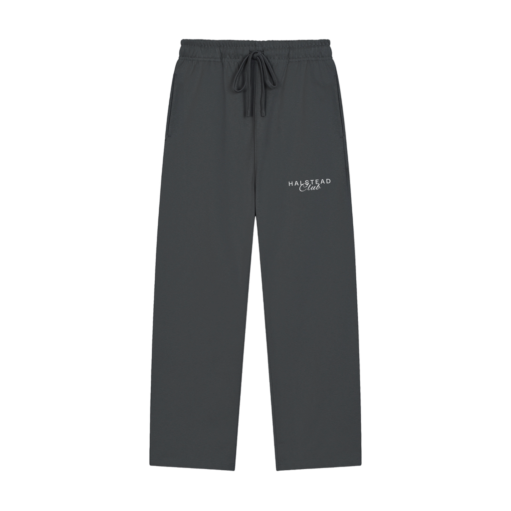 Dark gray sweatpants with a logo on a white background