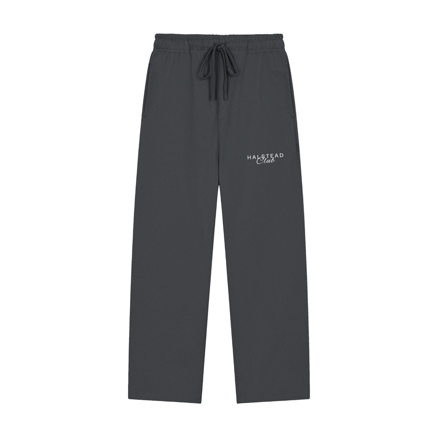 Dark gray sweatpants with a logo on a white background