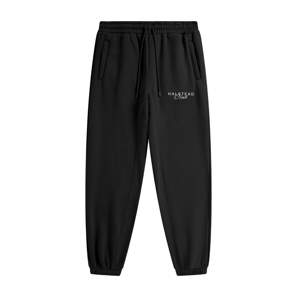 Black sweatpants with a logo on a light gray background