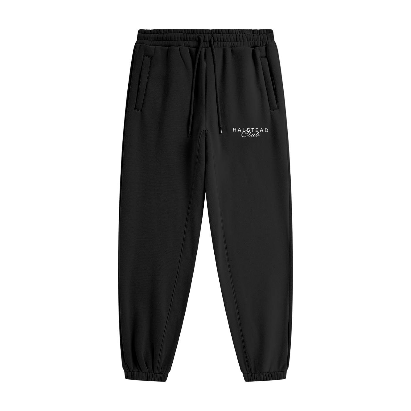 Black sweatpants with a logo on a light gray background