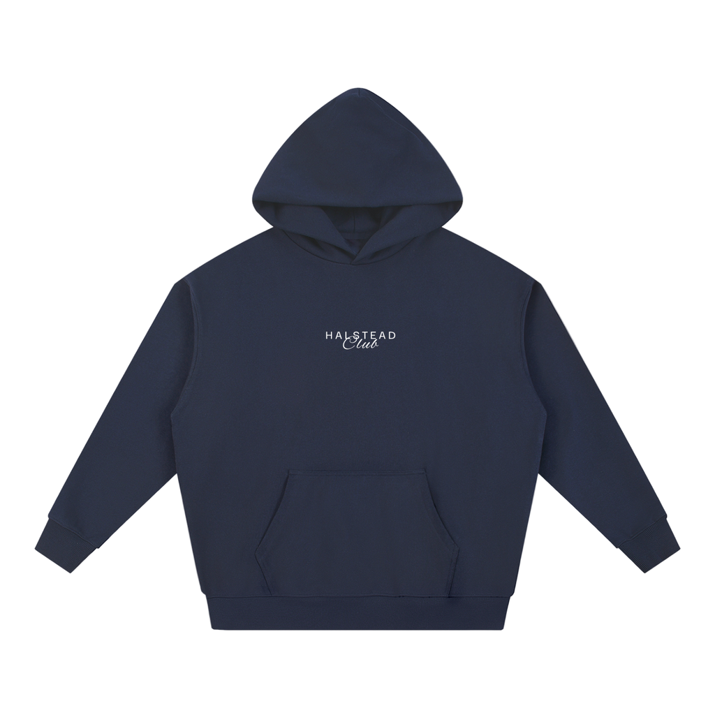 Navy blue hoodie with 'Halstead Club' logo on a white background