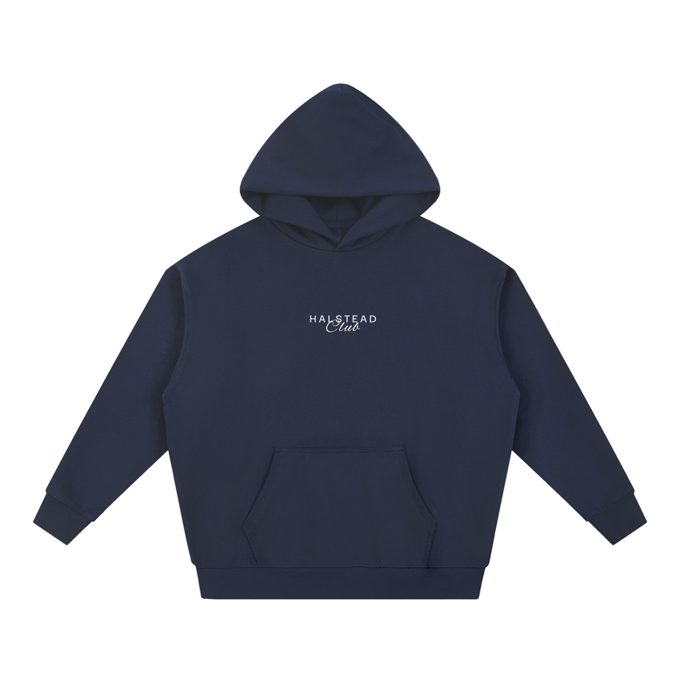 Navy blue hoodie with 'Halstead Club' logo on a white background