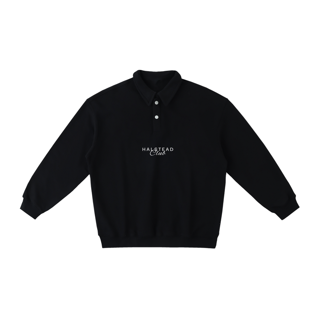 Black polo shirt with 'Halstead Club' logo on a white background