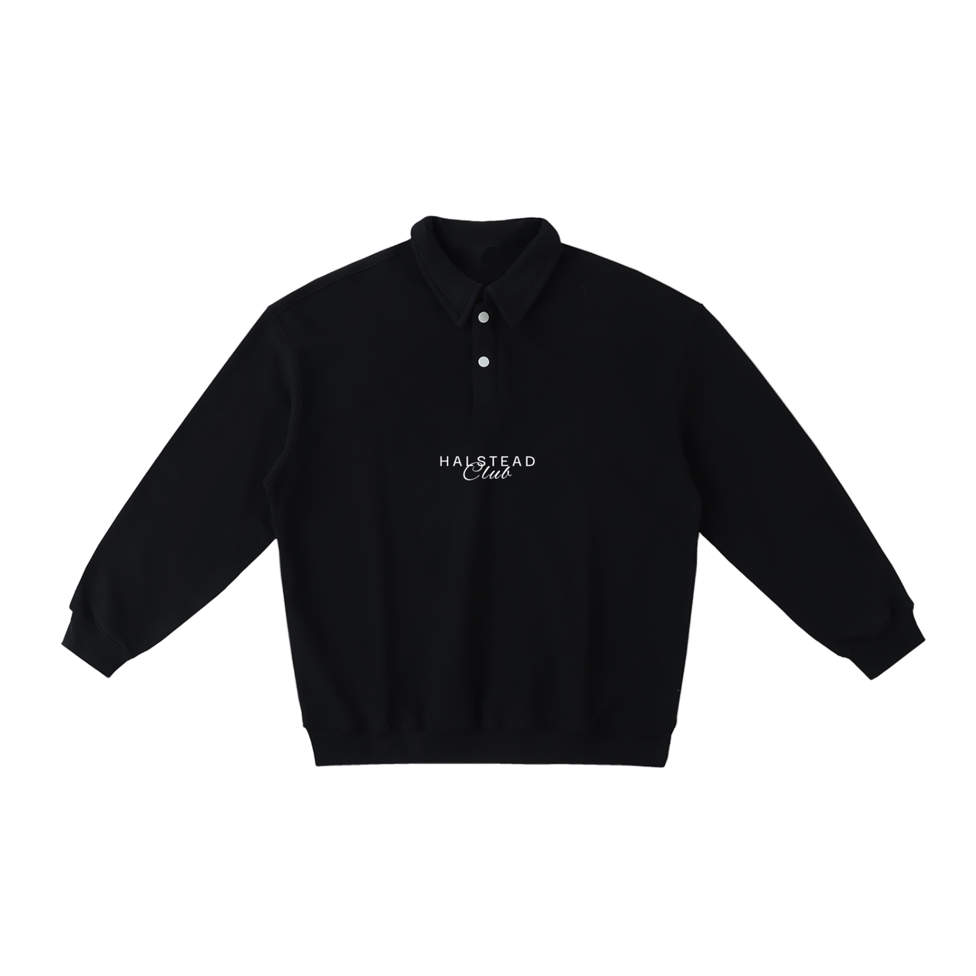 Black polo shirt with 'Halstead Club' logo on a white background