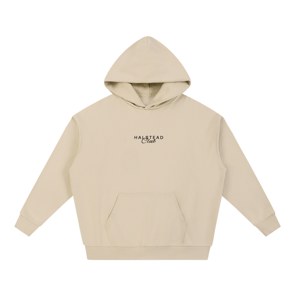 Beige hoodie with 'Halstead Club' text on a white background