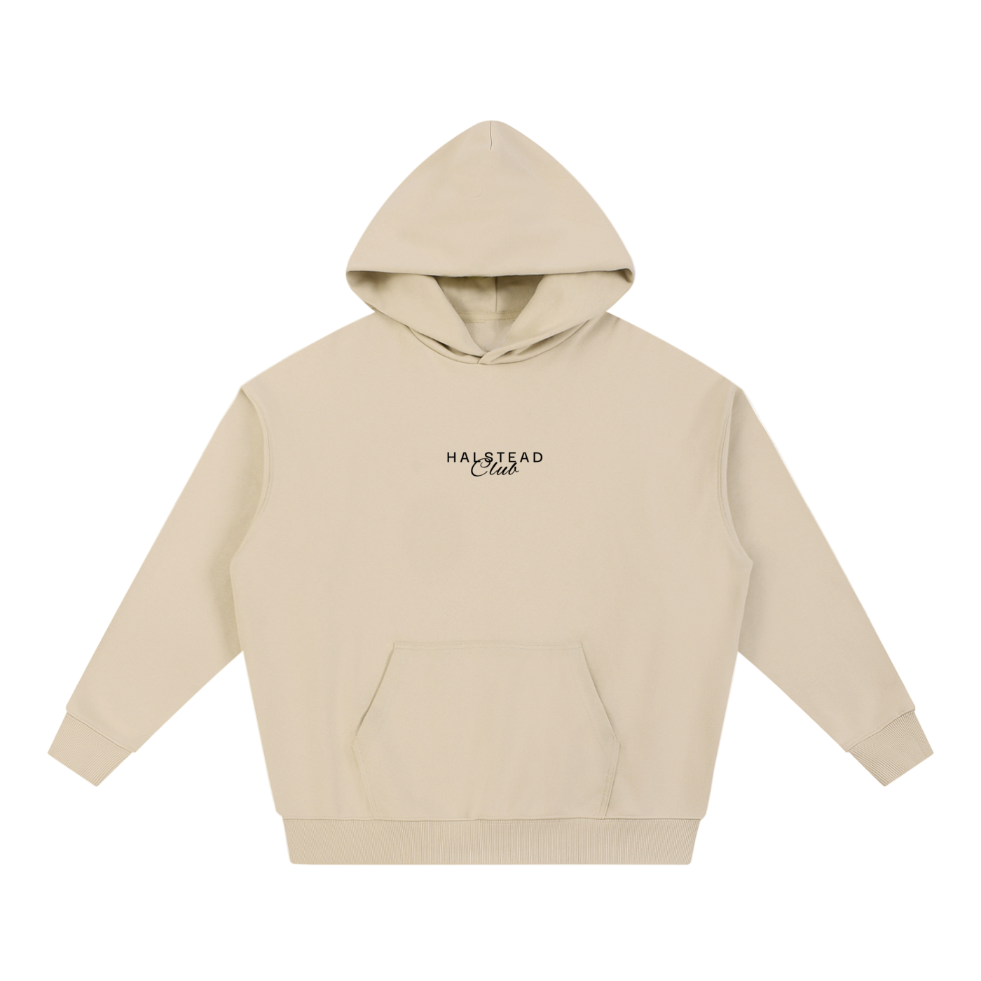 Beige hoodie with 'Halstead Club' text on a white background